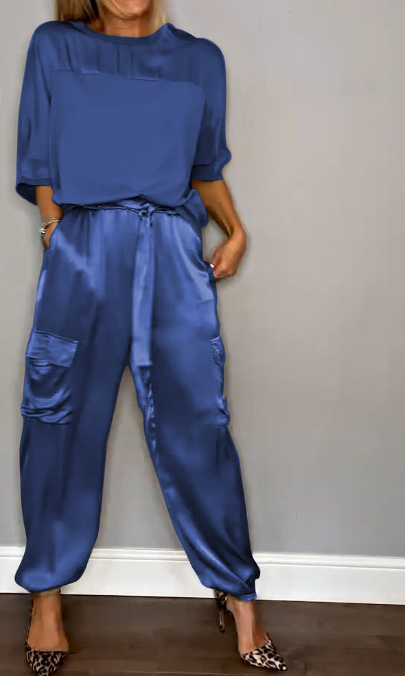 Women's Smooth Satin Half-sleeved Top and Pant Suit Two-piece