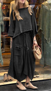 Women's Round Neck Mid-length Sleeve Casual Cotton and Linen Suit