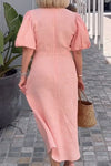 Women V-neck lace-up puff-sleeve cotton dress