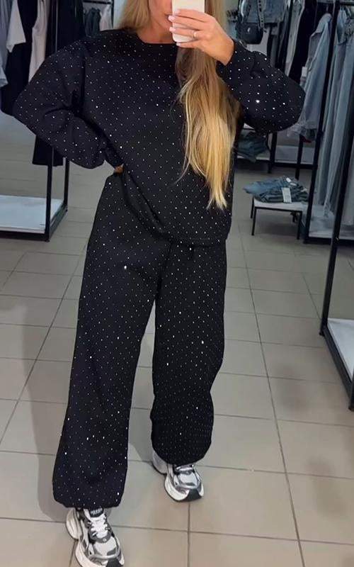 Women's Casual Hooded Rhinestone Two-piece Suit