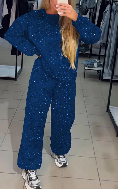 Women's Casual Hooded Rhinestone Two-piece Suit