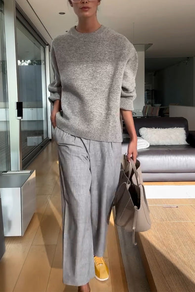 Women's Casual Round Neck Solid Color Sweater+Pant