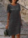 Round neck short sleeve embroidered hollow cotton and linen dress