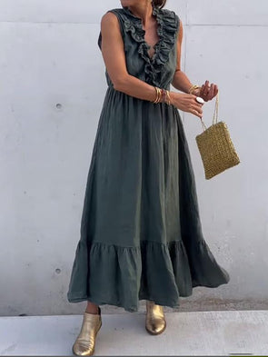 Ruffled neckline solid color cotton and linen dress