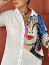 Women's Casual Face Printed Cotton and Linen Long Sleeve Shirt Dress