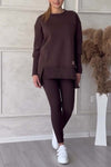 Women's Casual Solid Color Round Neck Long Sleeve Slit Hem Sweatshirt Leggings Set