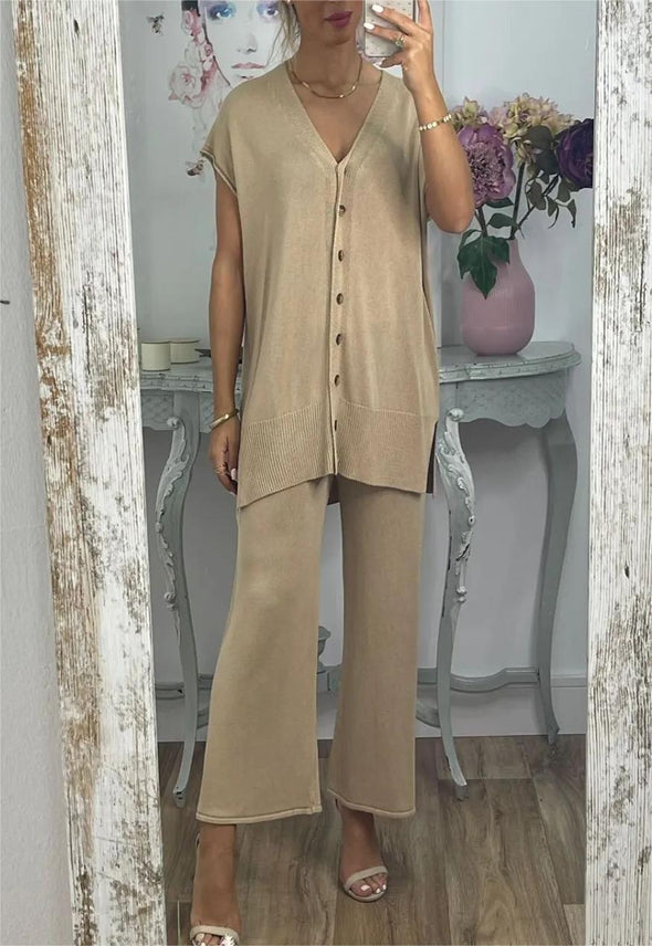 Women's Casual Solid Color Knit Top and Wide Leg Pants Set