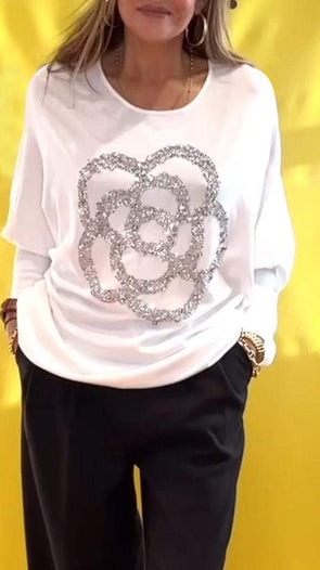 Casual Crew Neck Sequined Top