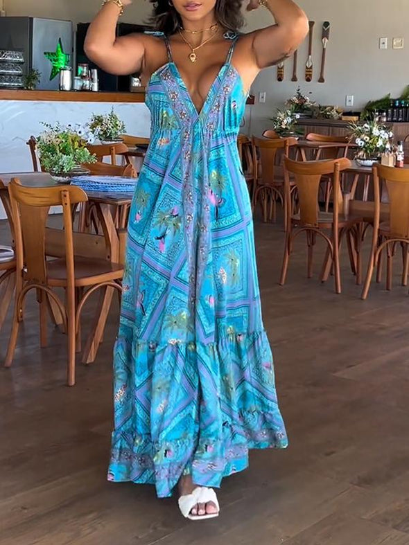 Casual V-neck Resort Style Printed Dress