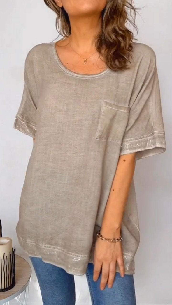 Women's Round Neck Short Sleeve Cotton and Linen Top