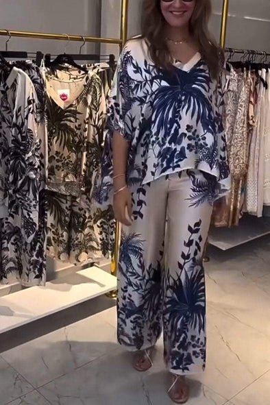 Women's Casual V-neck Printed Satin Two-piece Suit