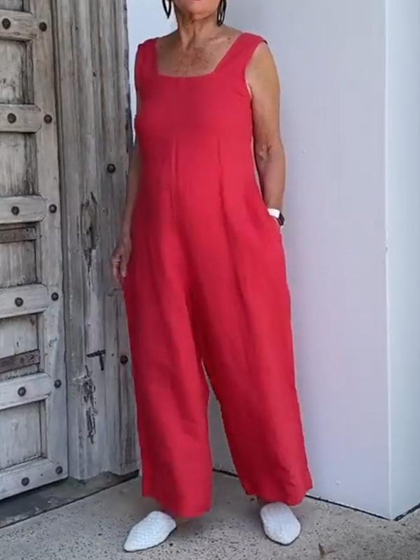 Women Casual Plain Cotton and Linen Jumpsuit