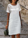 Round neck short sleeve embroidered hollow cotton and linen dress