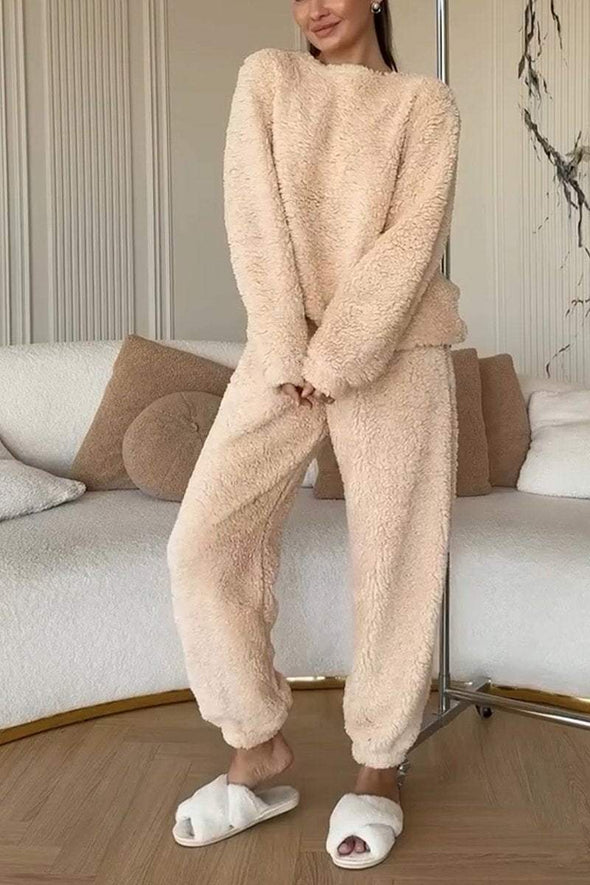 Women's Casual Round Neck Lamb Wool Two Piece Suit