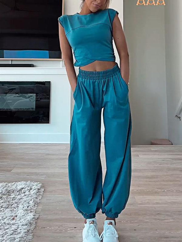 Solid Color Sports Top & Pants Two-piece Set