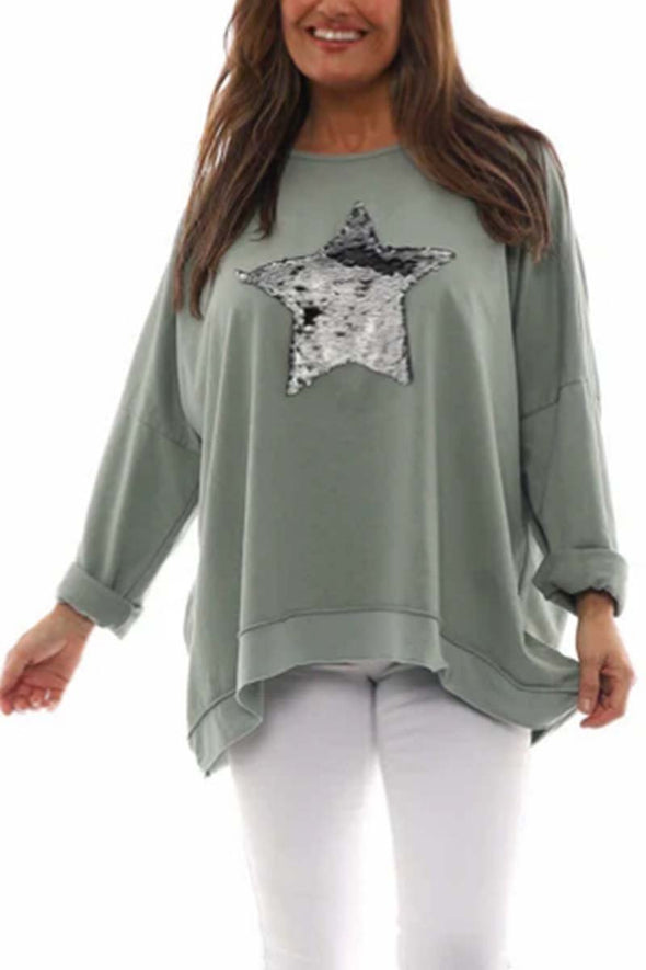 Women's Casual Loose Sequin Patch Long Sleeve T-Shirt