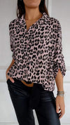 Lapel Mid-Sleeve Leopard Print Casual Top