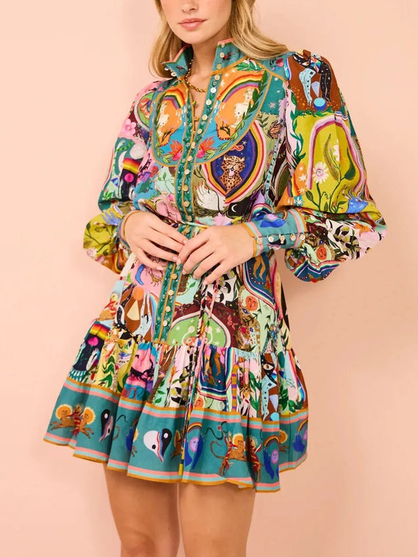 Women's Resort Ethnic Floral Print Long Sleeve Mini Dress