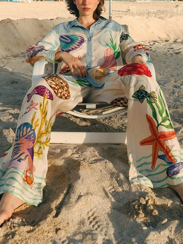 Holiday Ocean Shell Print Long Sleeve Pants Suit