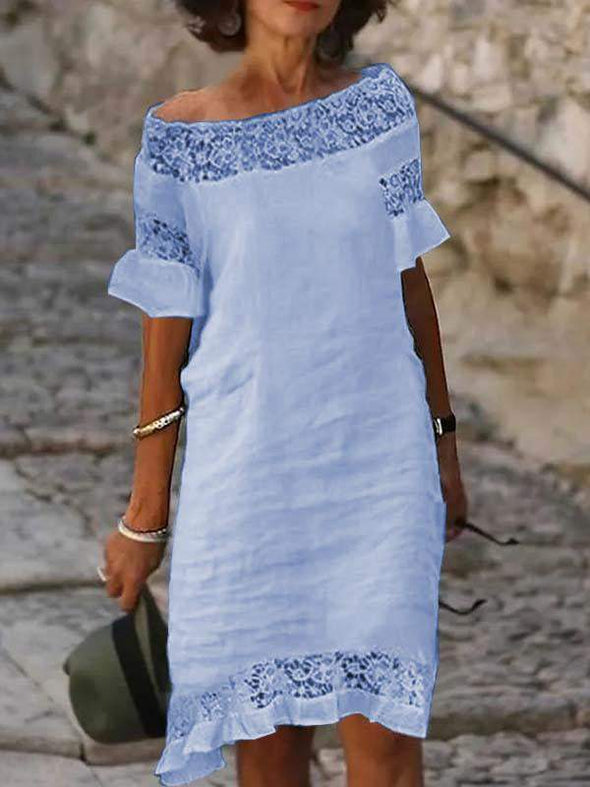 Solid color lace off-shoulder short-sleeved dress