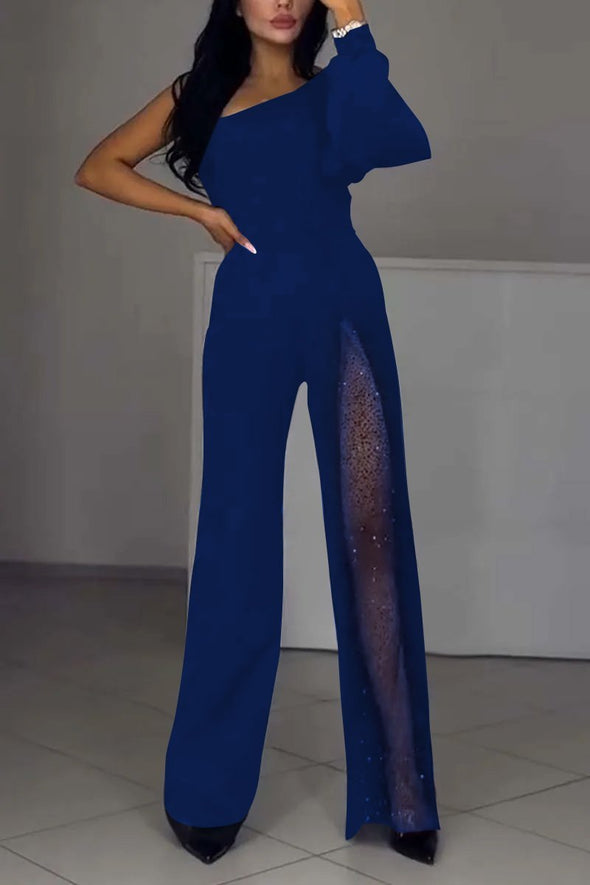 Women's fashionable and sexy sloping shoulder high slit jumpsuit