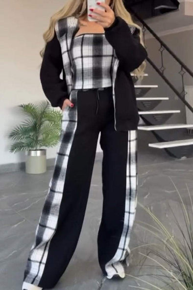 Cardigan, Tube Top and Pants Plaid Splicing Casual Three-piece Set