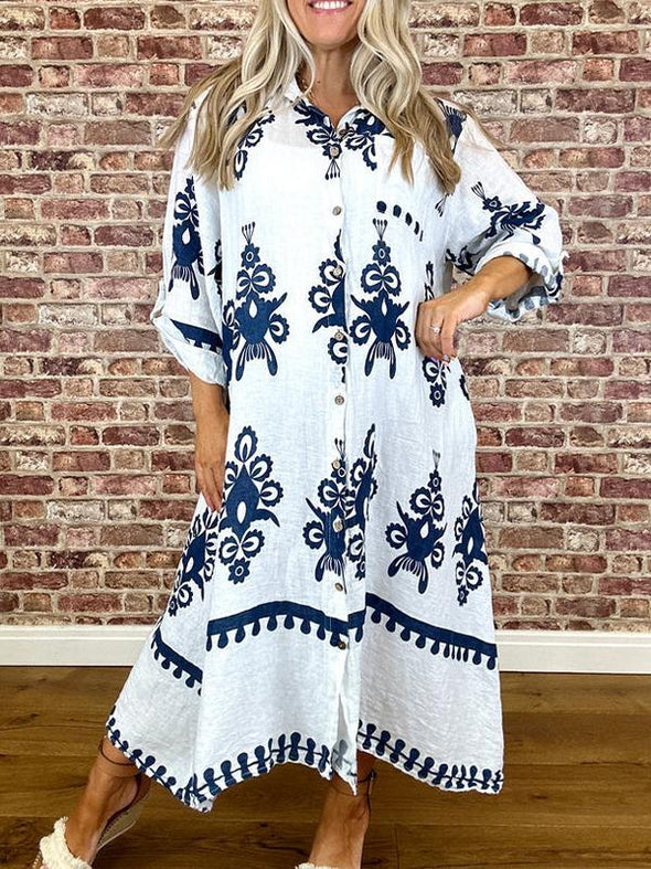 Lapel Printed Mid-sleeve Dress