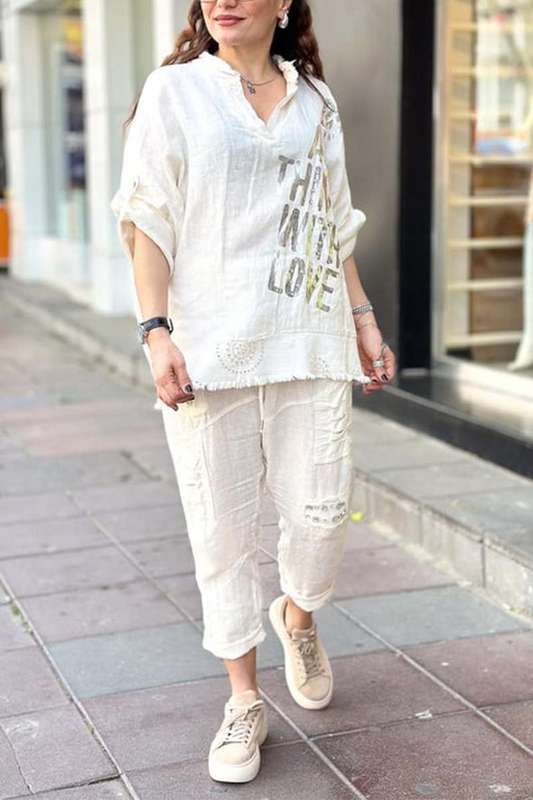 Women's casual letter printed cotton and linen top + pants set