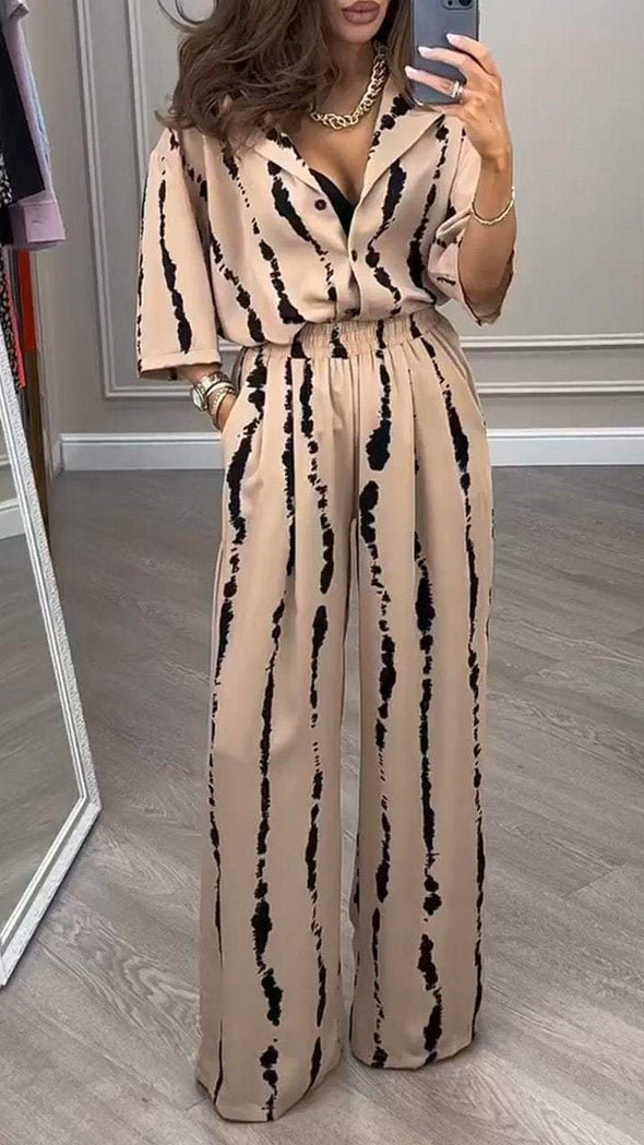 V-neck Striped Top + Wide-leg Pants Two-piece Set