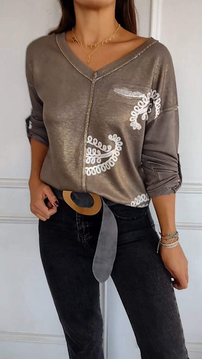 V-neck Hot-printed Long-sleeved Casual Top