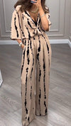 V-neck Striped Top + Wide-leg Pants Two-piece Set