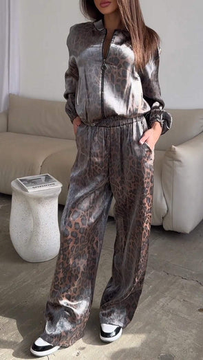 Leopard Print Satin Casual Crew Neck Zipper Cardigan Suit