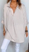 Ladies Lapel Striped Mid Sleeve Top