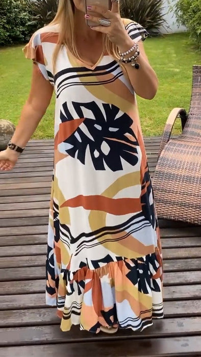 V-neck Casual Printed Flying Sleeve Dress