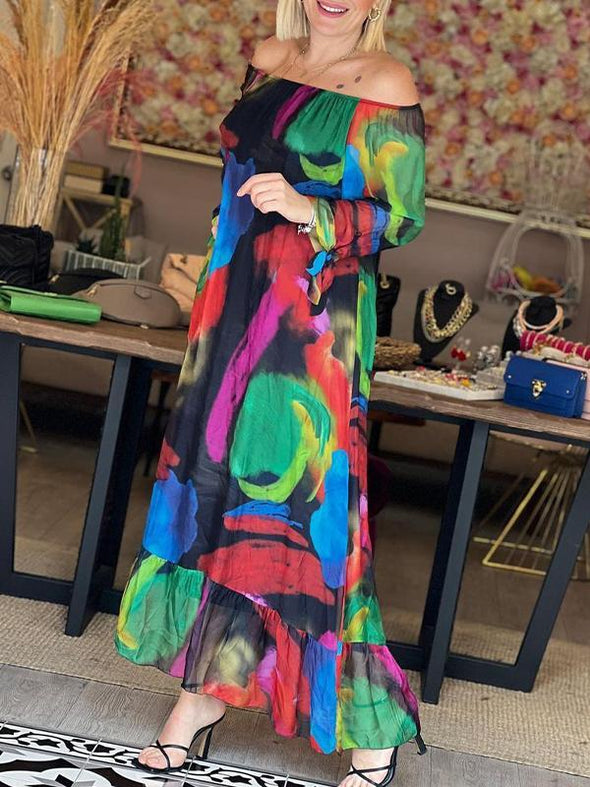 One-shoulder Chiffon Printed Mid-sleeve Dress