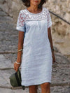 Round neck short sleeve embroidered hollow cotton and linen dress