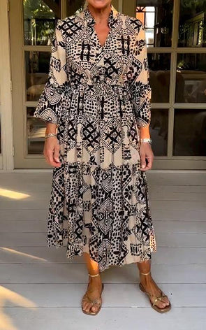 Casual V-neck Long-sleeved Printed Dress