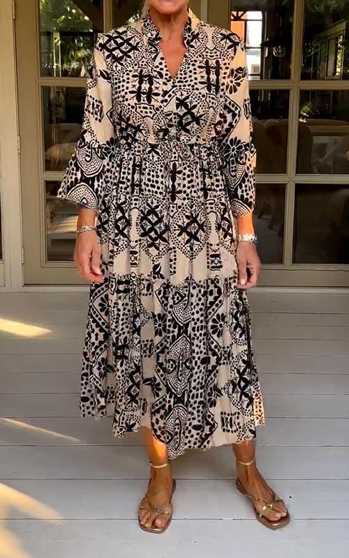 Casual V-neck Long-sleeved Printed Dress