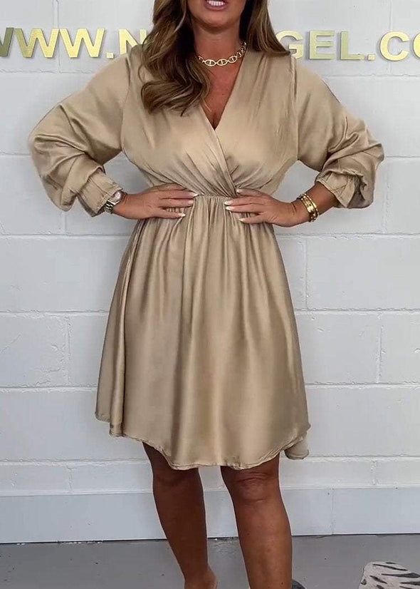 Satin V-neck Long-sleeved Dress