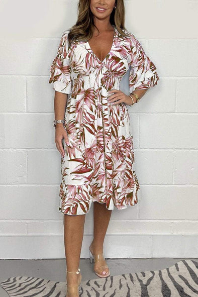 Printed V-neck Smocked Waist Midi Dress