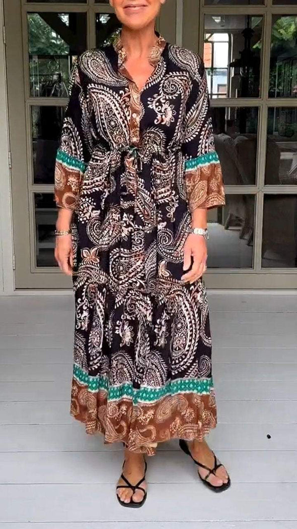 V-neck Casual Mid-sleeve Retro Print Dress