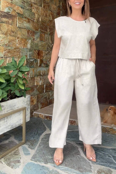 Cotton And Linen Casual Top And Pants Two-piece Set