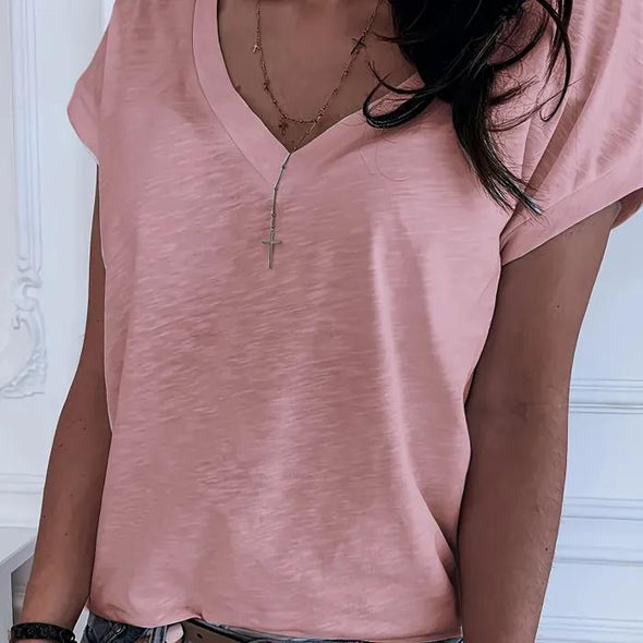 Solid V-neck Simple T-Shirt