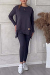 Women's Casual Solid Color Round Neck Long Sleeve Slit Hem Sweatshirt Leggings Set