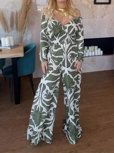 Casual V-neck Printed Jumpsuit