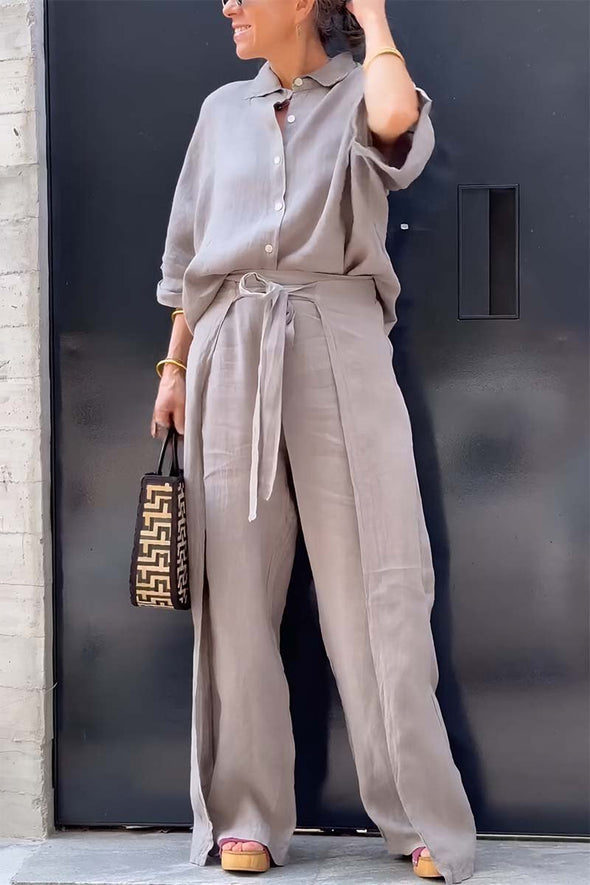 Casual solid color cotton and linen wrap pants two-piece set