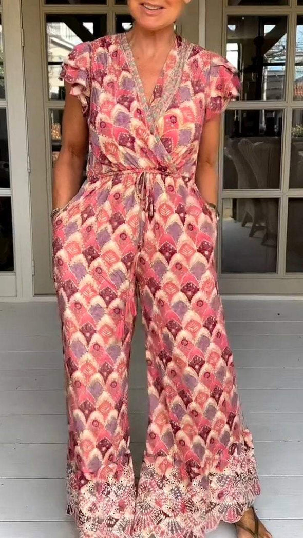 Casual V-neck Short-sleeved Printed Jumpsuit