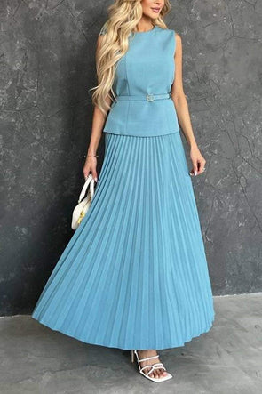 Women's Fashion Round Neck Vest + Pleated Skirt Two-piece Set