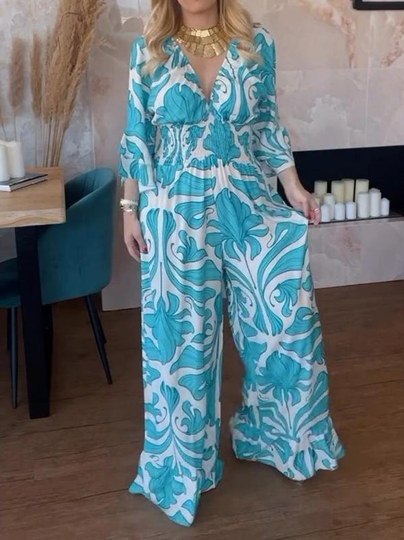 Casual V-neck Printed Jumpsuit