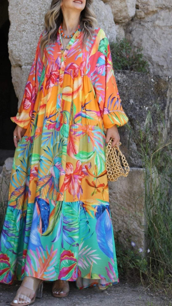 Large Floral Gradient Print Long Dress